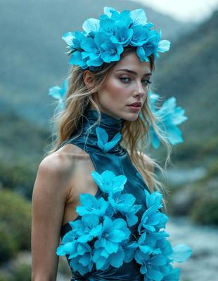 The primary subject of the image is a woman wearing a blue dress with a flower crown on her head. She is standing in a forest, surrounded by greenery and natural elements. The visual style of the image is a photo, capturing the woman's beauty and the serene environment. The colors and mood of the image are predominantly blue, creating a calm and peaceful atmosphere.